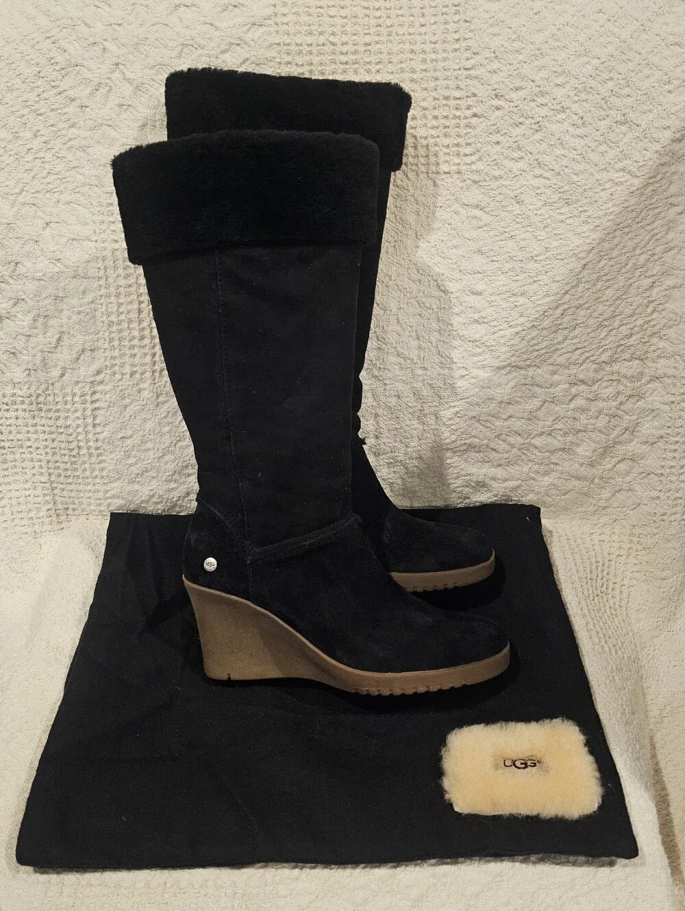 UGG Black Suede Wedge Knee Boots with Shearling Cuff